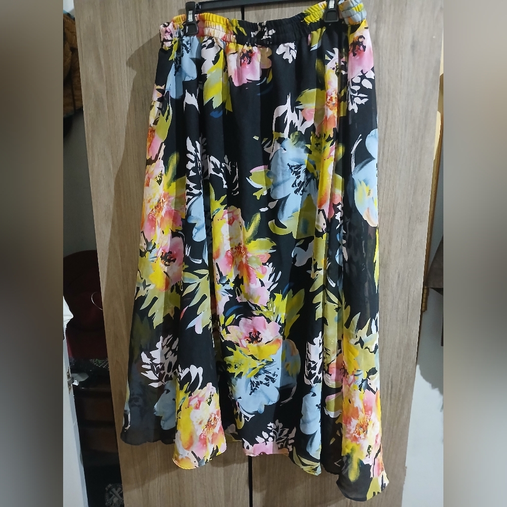 Black Floral A-Line Skirt with Pink and Yellow Blooms